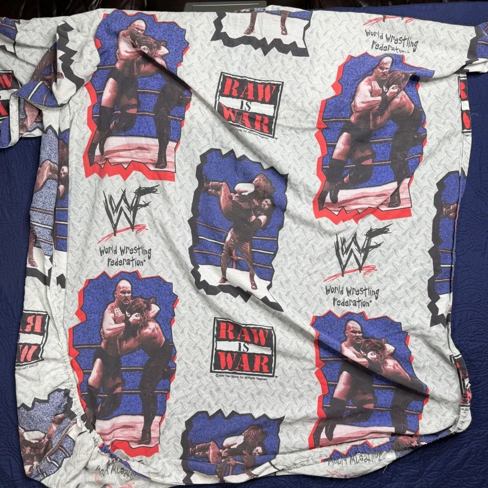 Vintage 1999 WWF Raw Is War Twin Sheet Pillowcase Set Attitude Stone Cold‎ Rock